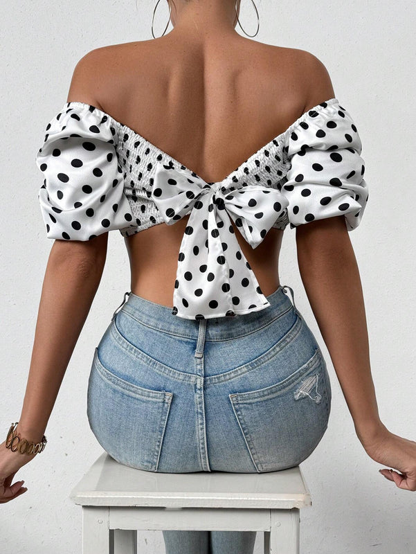 Essnce Blusa Para Mujer Con Estampado De Lunares, Mangas De Linterna Cortas Y Ajustada