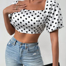 Essnce Blusa Para Mujer Con Estampado De Lunares, Mangas De Linterna Cortas Y Ajustada