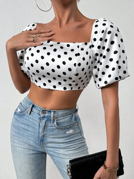 Essnce Blusa Para Mujer Con Estampado De Lunares, Mangas De Linterna Cortas Y Ajustada