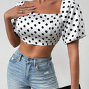 Essnce Blusa Para Mujer Con Estampado De Lunares, Mangas De Linterna Cortas Y Ajustada