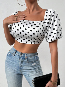 Essnce Blusa Para Mujer Con Estampado De Lunares, Mangas De Linterna Cortas Y Ajustada