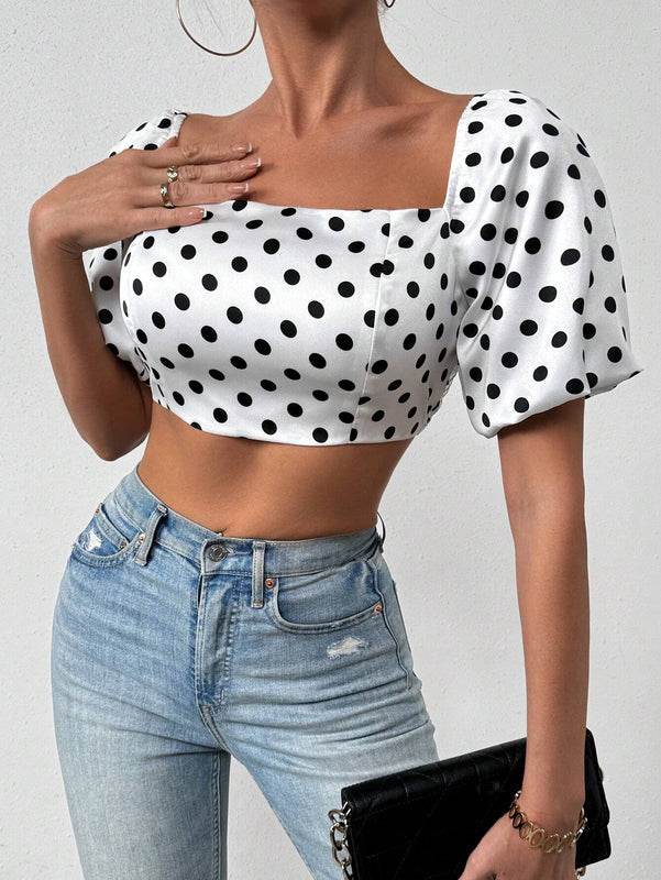 Essnce Blusa Para Mujer Con Estampado De Lunares, Mangas De Linterna Cortas Y Ajustada