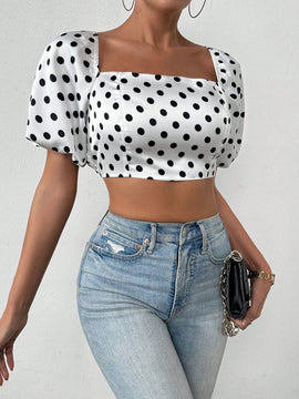 Essnce Blusa Para Mujer Con Estampado De Lunares, Mangas De Linterna Cortas Y Ajustada