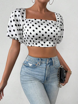 Essnce Blusa Para Mujer Con Estampado De Lunares, Mangas De Linterna Cortas Y Ajustada