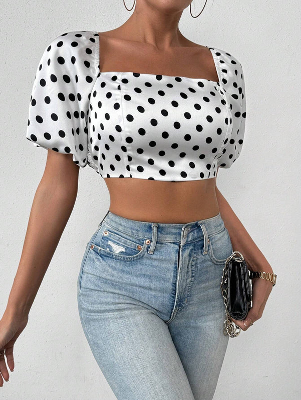 Essnce Blusa Para Mujer Con Estampado De Lunares, Mangas De Linterna Cortas Y Ajustada