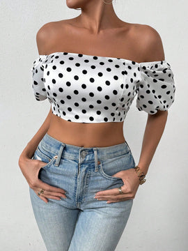 Essnce Blusa Para Mujer Con Estampado De Lunares, Mangas De Linterna Cortas Y Ajustada