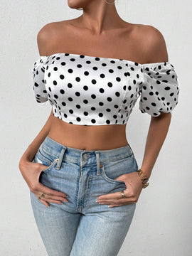 Essnce Blusa Para Mujer Con Estampado De Lunares, Mangas De Linterna Cortas Y Ajustada