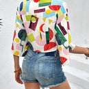 VCAY Blusa De Mujer Con Estampado Geometrico Multicolor Y Amarra En La Parte Delantera