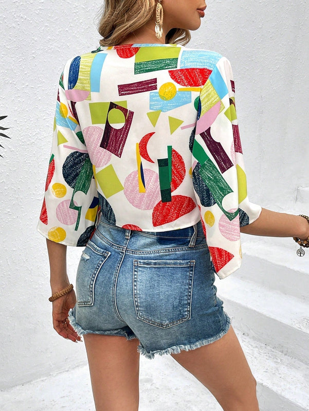 VCAY Blusa De Mujer Con Estampado Geometrico Multicolor Y Amarra En La Parte Delantera