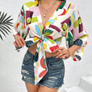 VCAY Blusa De Mujer Con Estampado Geometrico Multicolor Y Amarra En La Parte Delantera