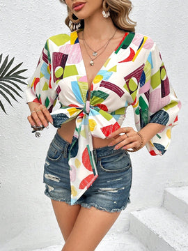 VCAY Blusa De Mujer Con Estampado Geometrico Multicolor Y Amarra En La Parte Delantera