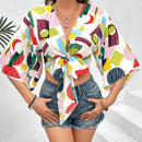 VCAY Blusa De Mujer Con Estampado Geometrico Multicolor Y Amarra En La Parte Delantera