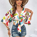 VCAY Blusa De Mujer Con Estampado Geometrico Multicolor Y Amarra En La Parte Delantera