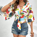 VCAY Blusa De Mujer Con Estampado Geometrico Multicolor Y Amarra En La Parte Delantera