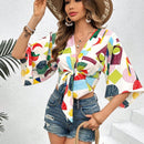VCAY Blusa De Mujer Con Estampado Geometrico Multicolor Y Amarra En La Parte Delantera