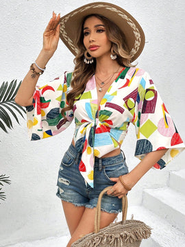 VCAY Blusa De Mujer Con Estampado Geometrico Multicolor Y Amarra En La Parte Delantera