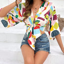 VCAY Blusa De Mujer Con Estampado Geometrico Multicolor Y Amarra En La Parte Delantera
