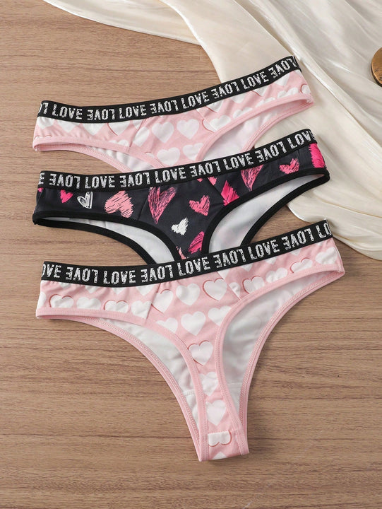 Tanga De Mujer Con Patron De Amor Y Letras En Tela De Red, Paquete De 3 Unidades