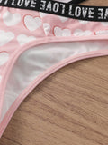 Tanga De Mujer Con Patron De Amor Y Letras En Tela De Red, Paquete De 3 Unidades