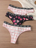 Tanga De Mujer Con Patron De Amor Y Letras En Tela De Red, Paquete De 3 Unidades