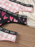 Tanga De Mujer Con Patron De Amor Y Letras En Tela De Red, Paquete De 3 Unidades