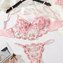 Conjunto De Lenceria De Malla Transparente Con Bordado De Flores