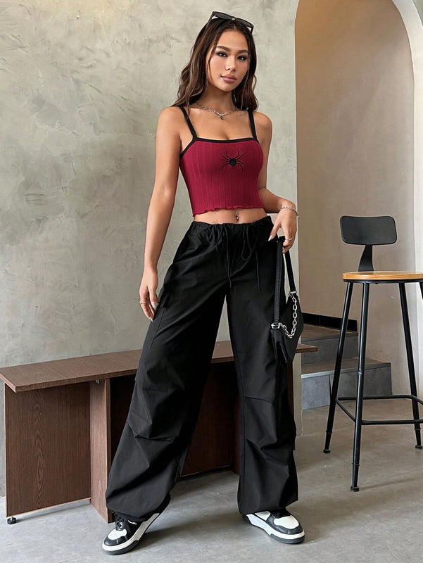 EZwear Atuendos De Verano Top De Tirantes Bordado Con Arana Para Mujer Con Borde Recortado