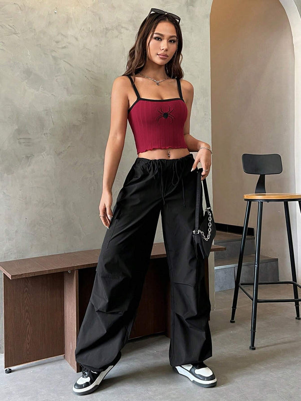 EZwear Atuendos De Verano Top De Tirantes Bordado Con Arana Para Mujer Con Borde Recortado