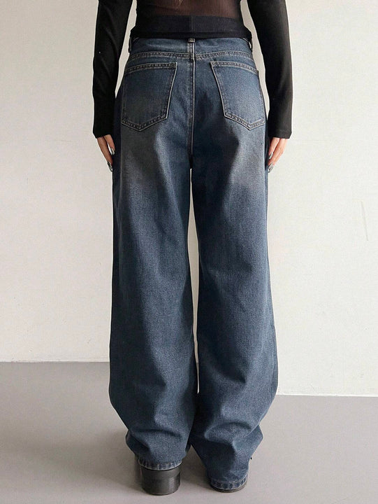 DAZY Jeans De Mujer De Pierna Ancha Desgastados Con Bigote De Gato Y Cintura Regular