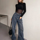 DAZY Jeans De Mujer De Pierna Ancha Desgastados Con Bigote De Gato Y Cintura Regular