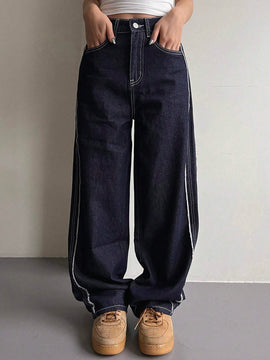 DAZY Pantalones Jeans De Pierna Ancha De Patchwork Con Abertura Lateral Y Bolsillo Diagonal