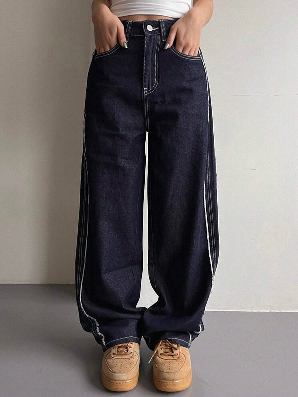 DAZY Pantalones Jeans De Pierna Ancha De Patchwork Con Abertura Lateral Y Bolsillo Diagonal