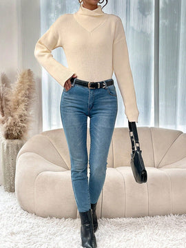 LUNE Jersey De Mujer Cuello Alto De Hombro Caido Color Solido