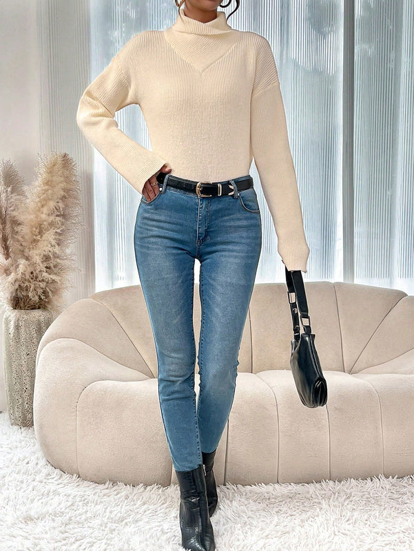 LUNE Jersey De Mujer Cuello Alto De Hombro Caido Color Solido