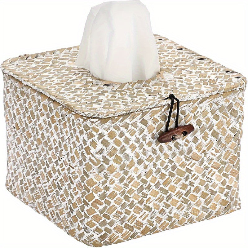 Cubierta de Caja de Pañuelos de Juncos de Granja Chic - Cuadrada, Porta Servilletas Decorativo para Baño y Decoración del Hogar