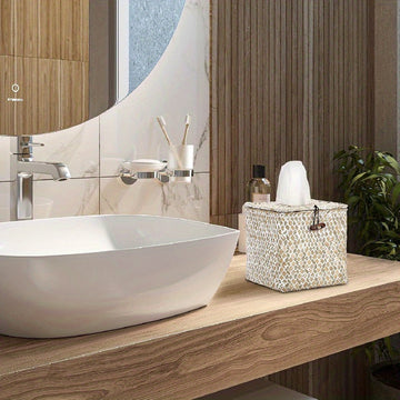 Cubierta de Caja de Pañuelos de Juncos de Granja Chic - Cuadrada, Porta Servilletas Decorativo para Baño y Decoración del Hogar