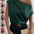 Prive Blusa unicolor de cuello asimetrico fruncido de saten