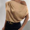 Prive Blusa unicolor de cuello asimetrico fruncido de saten