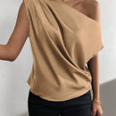 Prive Blusa unicolor de cuello asimetrico fruncido de saten