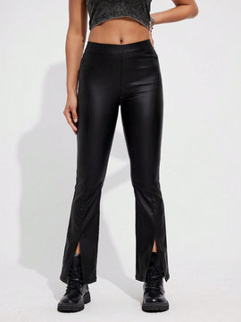 EZwear Pantalones con diseno de PU y dobladillo con abertura
