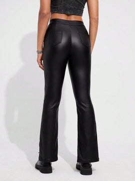 EZwear Pantalones con diseno de PU y dobladillo con abertura