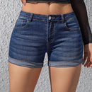Pantalones Cortos De Mezclilla Para Mujer Con Ajuste Delgado, Borde Deshilachado Y Bolsillos Inclinados Con Bigotes De Gato