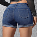 Pantalones Cortos De Mezclilla Para Mujer Con Ajuste Delgado, Borde Deshilachado Y Bolsillos Inclinados Con Bigotes De Gato