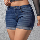 Pantalones Cortos De Mezclilla Para Mujer Con Ajuste Delgado, Borde Deshilachado Y Bolsillos Inclinados Con Bigotes De Gato