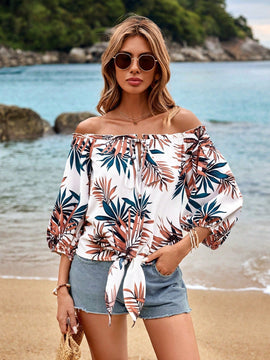 VCAY Blusa Con Hombros Descubiertos Y Estampado Tropical Para Mujer