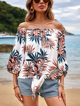 VCAY Blusa Con Hombros Descubiertos Y Estampado Tropical Para Mujer
