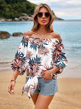 VCAY Blusa Con Hombros Descubiertos Y Estampado Tropical Para Mujer
