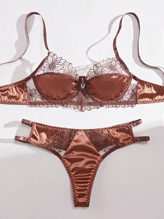 Conjunto De Ropa Interior De Patchwork Bordado Para Mujer