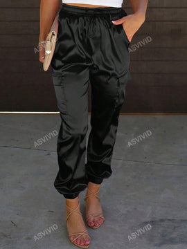 Pantalones de cargo con bolsillo con solapa, cordon ajustable y cintura elastica de saten para mujeres