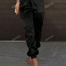 Pantalones de cargo con bolsillo con solapa, cordon ajustable y cintura elastica de saten para mujeres
